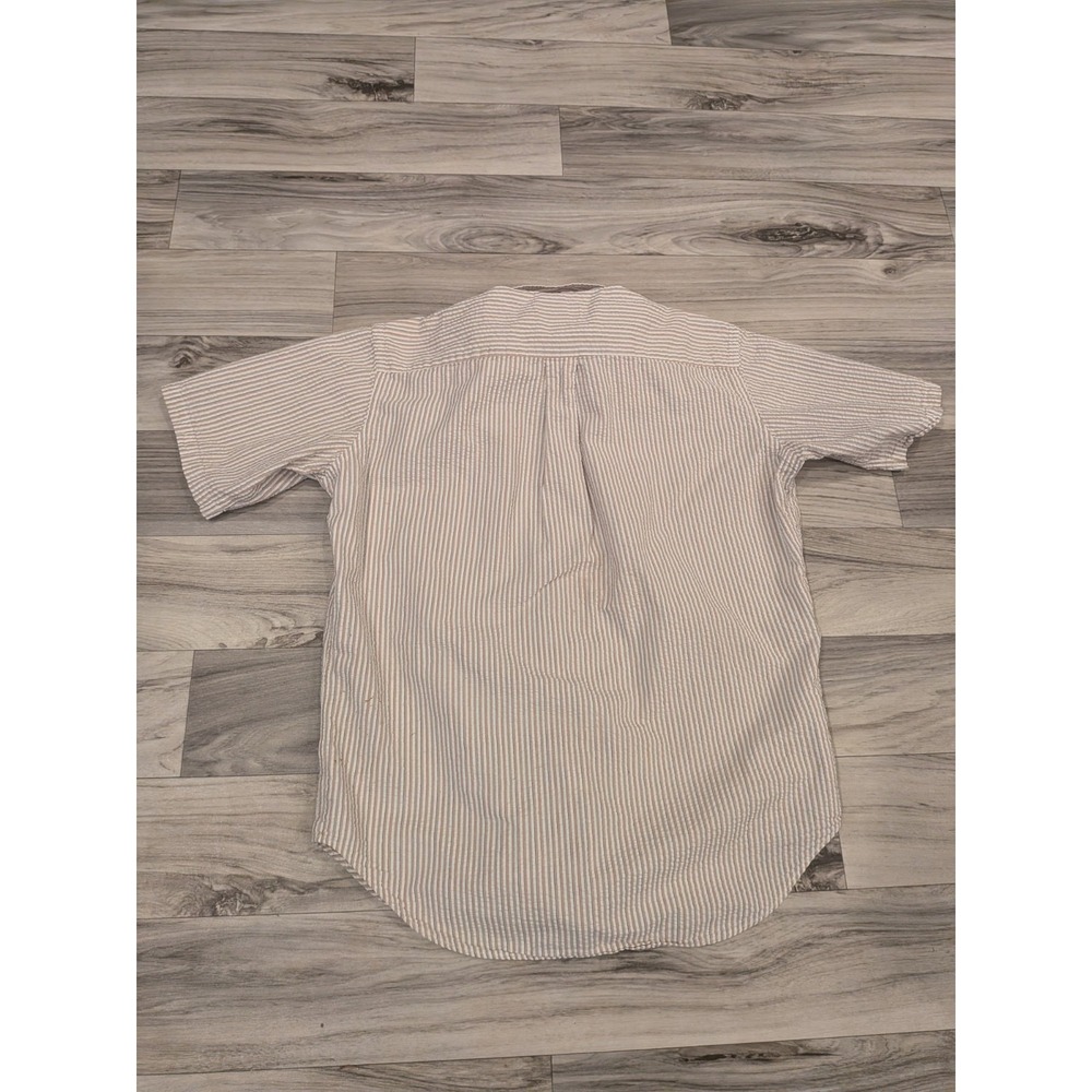 LL Bean Seersucker Shirt Mens L Tan Striped Short Sleeve Button Up Vintage USA - Picture 10 of 16